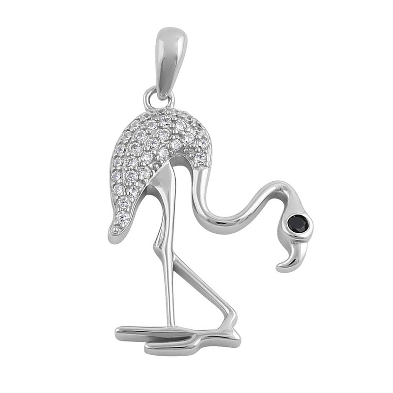 Sterling Silver Hunched Flamingo Round Cut Clear and Black CZ Pendant