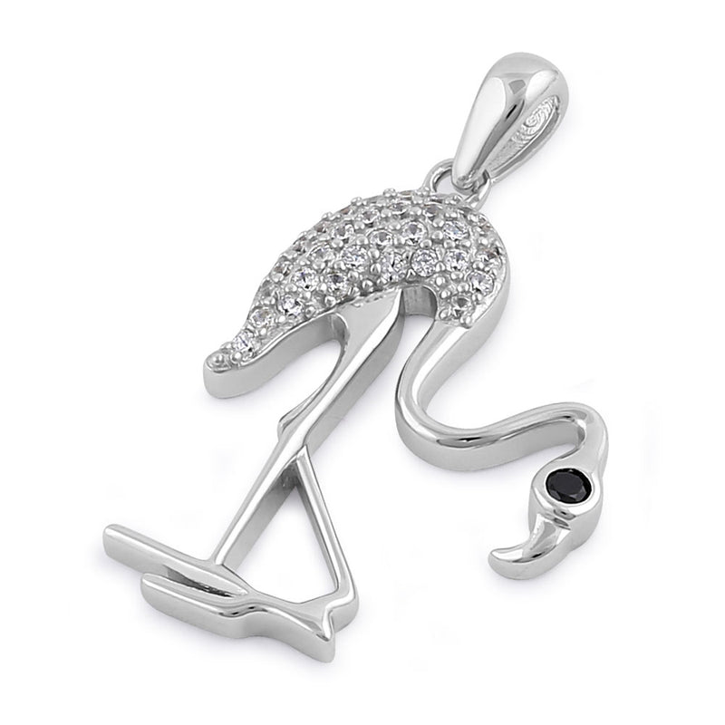 Sterling Silver Hunched Flamingo Round Cut Clear and Black CZ Pendant