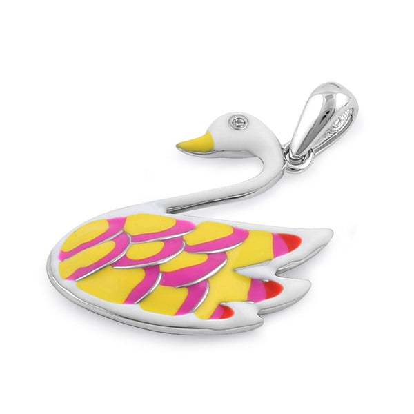Sterling Silver Hand-Painted Funky Swan with  Clear CZ Pendant