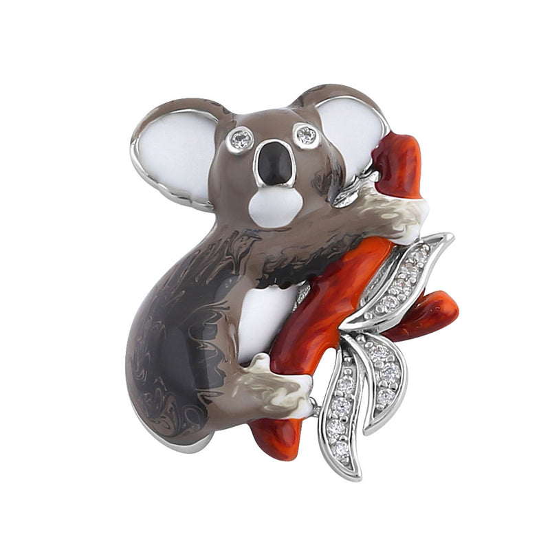 Sterling Silver Hand-Painted Realistic Koala with Clear CZ Pendant