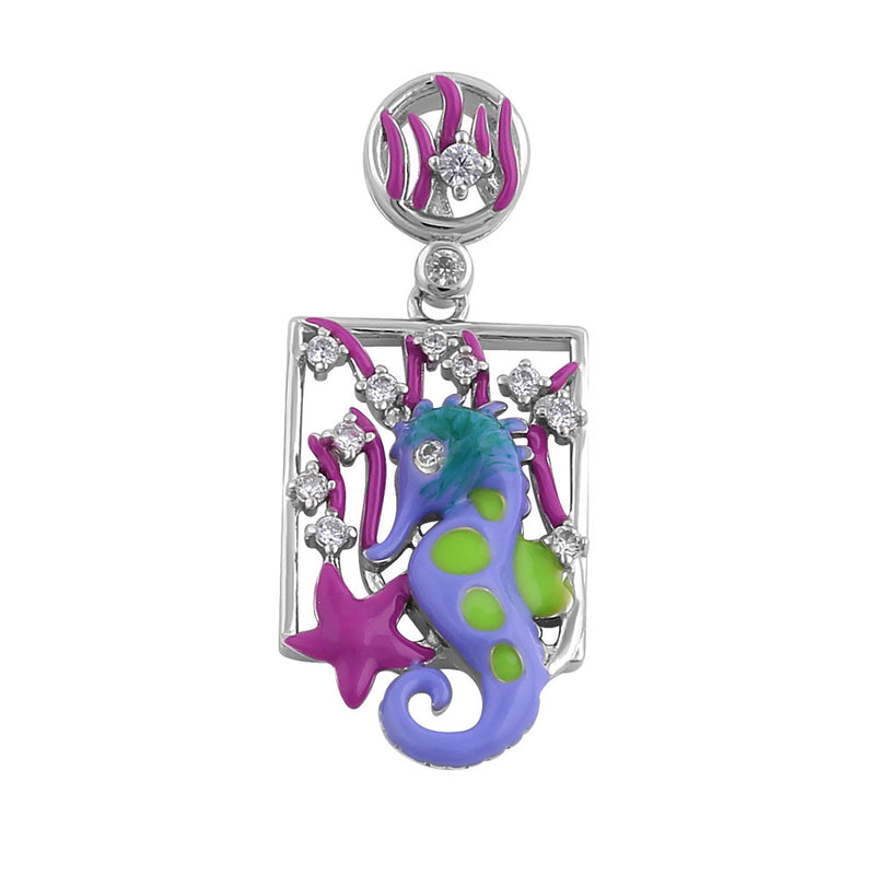 Sterling Silver Hand-Painted Under the Sea Seahorse with Clear CZ Pendant