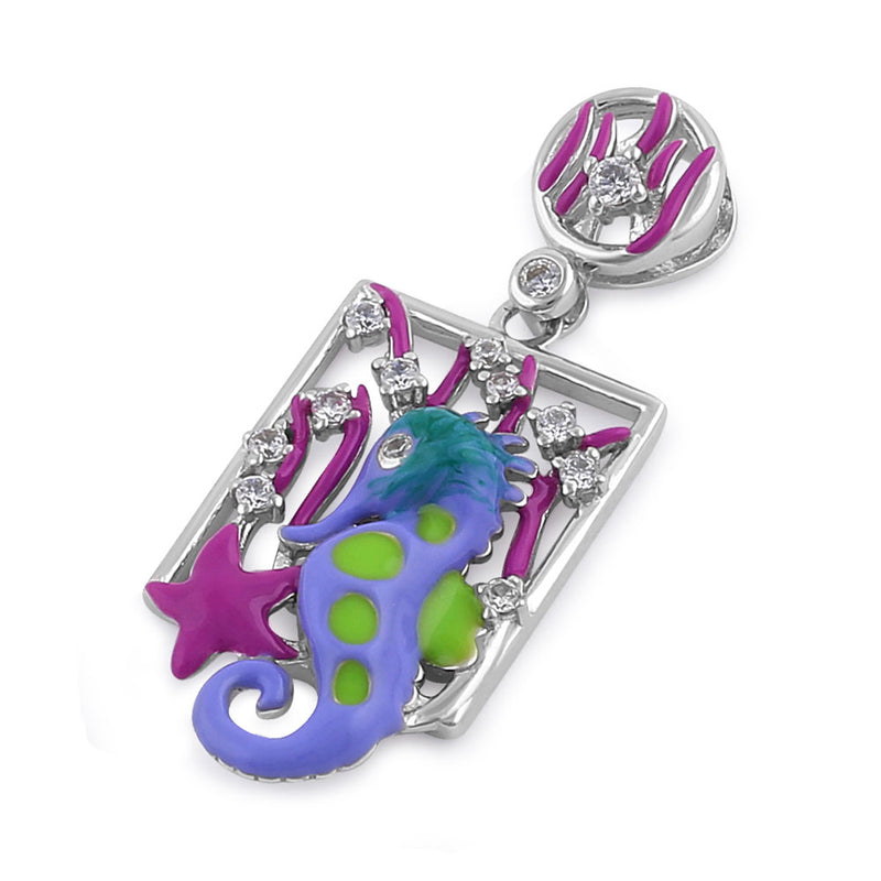 Sterling Silver Hand-Painted Under the Sea Seahorse with Clear CZ Pendant