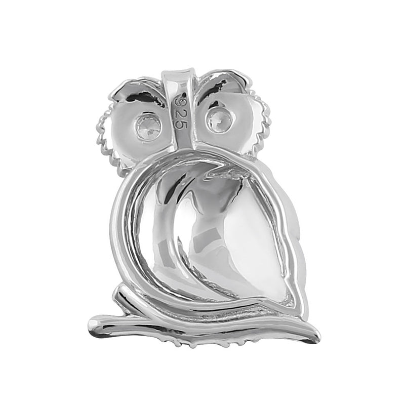 Sterling Silver Hand-Painted Modish Owl with Clear CZ Pendant