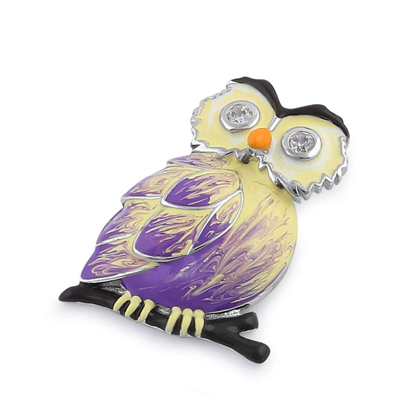 Sterling Silver Hand-Painted Modish Owl with Clear CZ Pendant