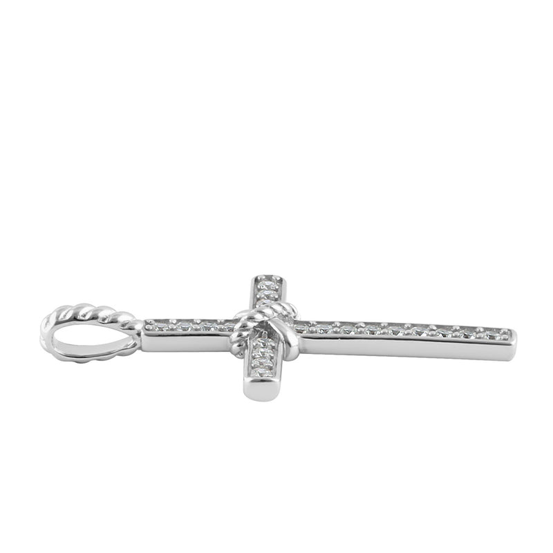 Sterling Silver Roped Cross Round Cut Clear CZ Pendant