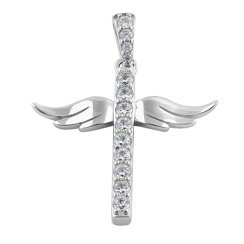 Sterling Silver Winged Cross Round Cut Clear CZ Pendant