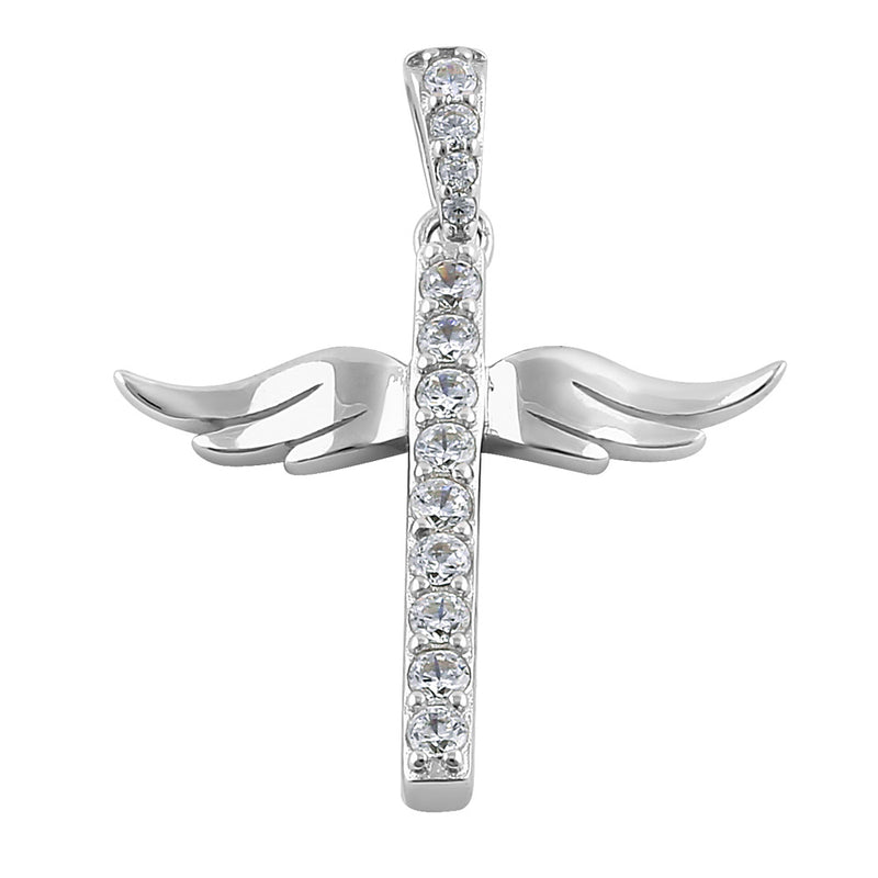 Sterling Silver Winged Cross Round Cut Clear CZ Pendant