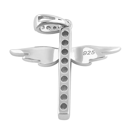 Sterling Silver Winged Cross Round Cut Clear CZ Pendant