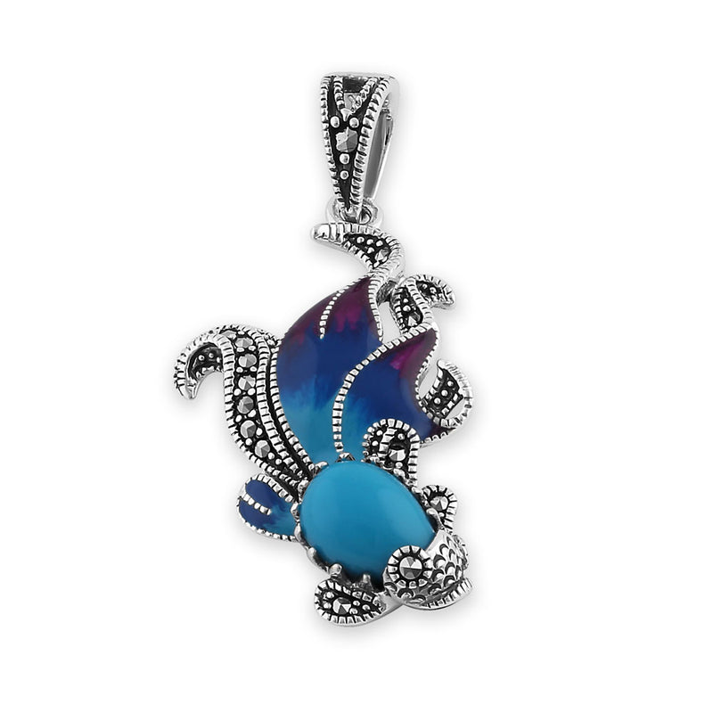 Sterling Silver Simulated Turquoise Fish Ghost Marcasite Pendant