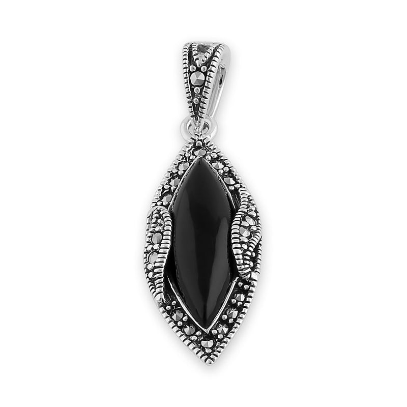 Sterling Silver Black Onyx Marquise Marcasite Pendant