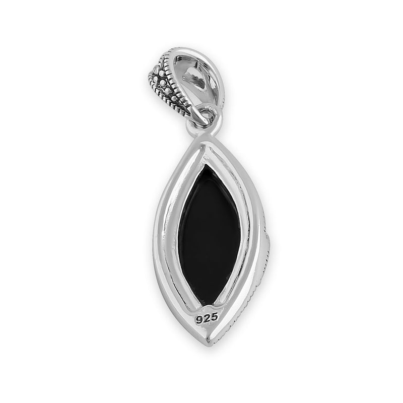 Sterling Silver Black Onyx Marquise Marcasite Pendant