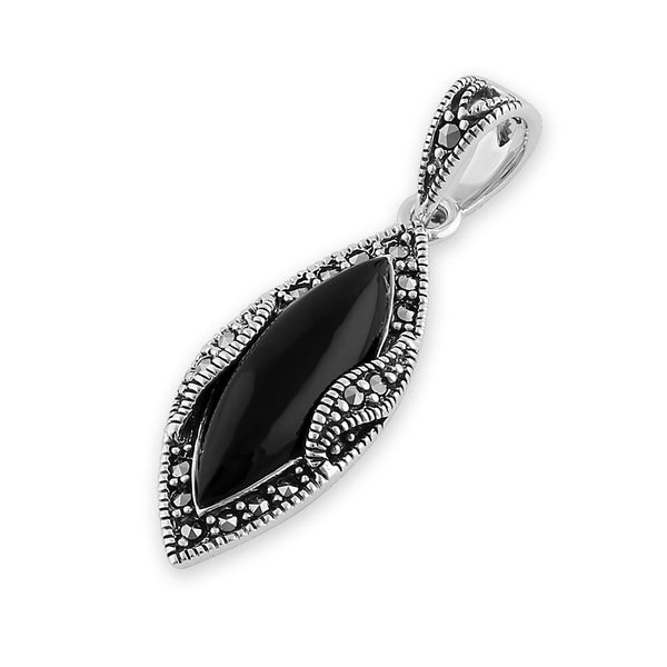 Sterling Silver Black Onyx Marquise Marcasite Pendant