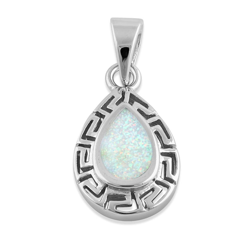 Sterling Silver White Lab Opal Greek Pattern Drop Pendant