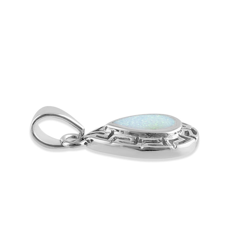 Sterling Silver White Lab Opal Greek Pattern Drop Pendant