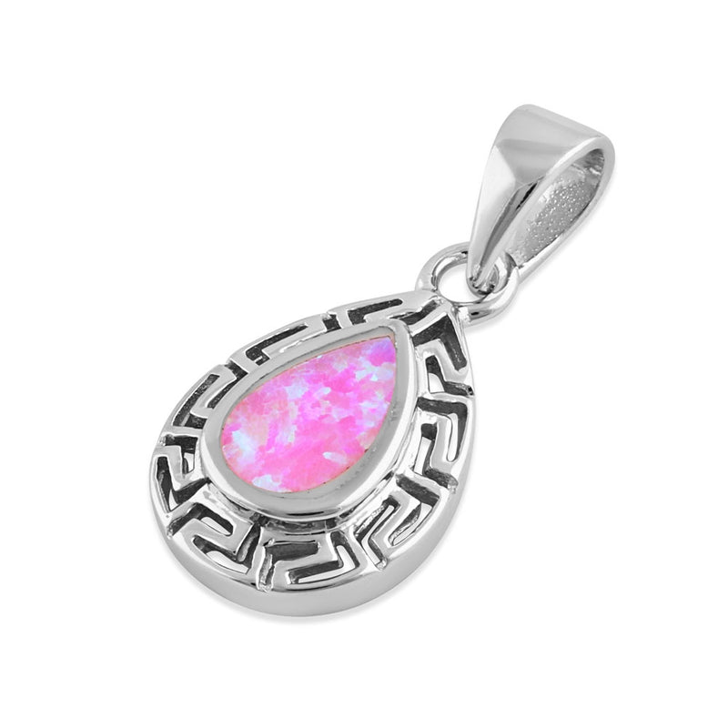 Sterling Silver Pink Lab Opal Greek Pattern Drop Pendant