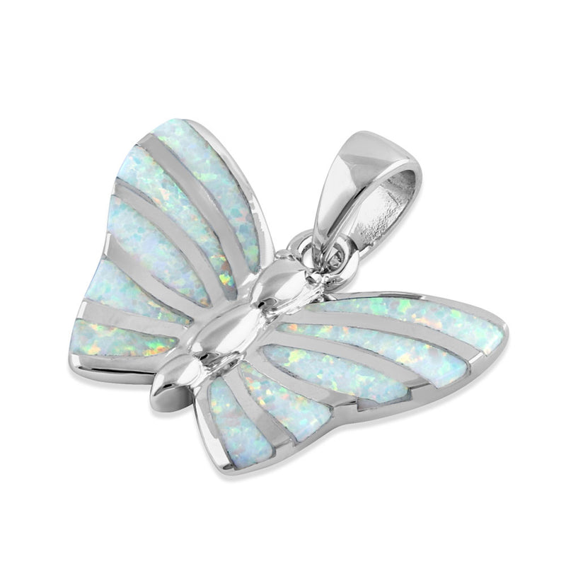 Sterling Silver White Butterfly Lab Opal Pendant