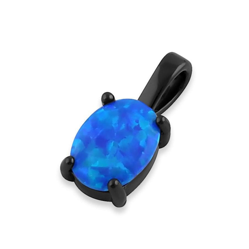 Sterling Silver Black Rhodium Plated Blue Lab Opal Oval Pendant