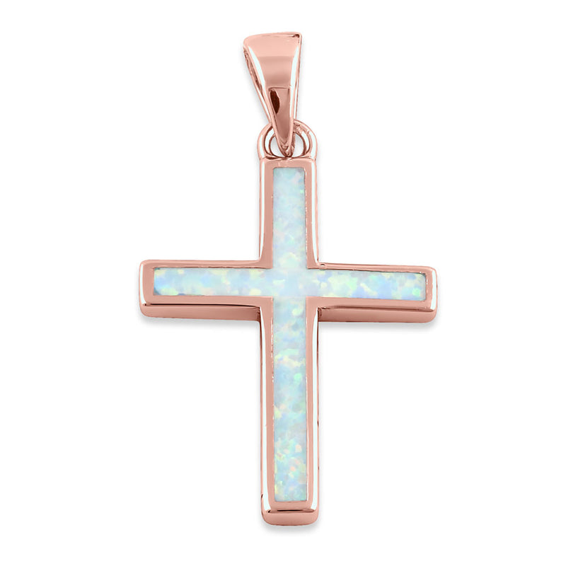 Sterling Silver Rose Gold Plated White Lab Opal Cross Pendant