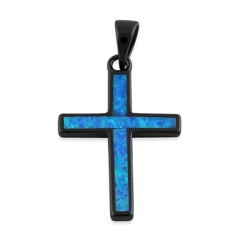 Sterling Silver Black Rhodium Plated Blue Lab Opal Cross Pendant