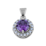 Sterling Silver Round Amethyst CZ Halo Pendant