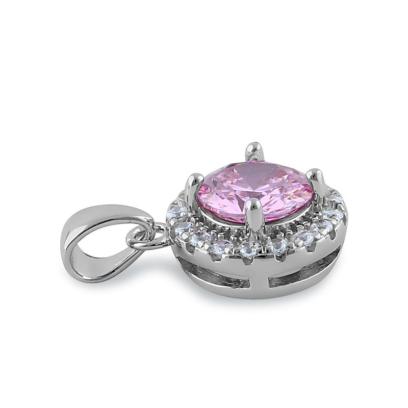 Sterling Silver Round Pink CZ Halo Pendant