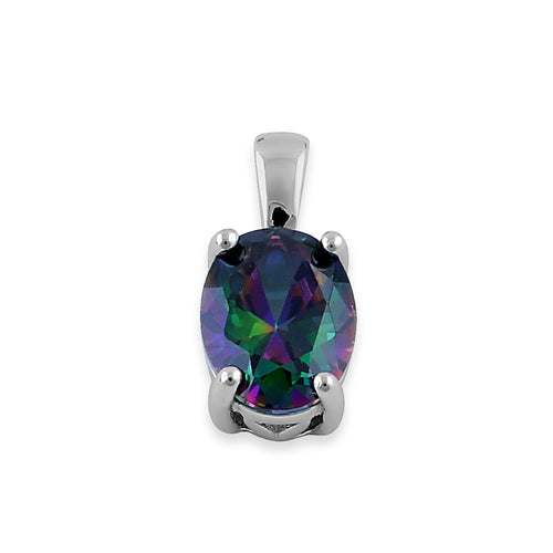Sterling Silver Oval Rainbow CZ Filigree Pendant