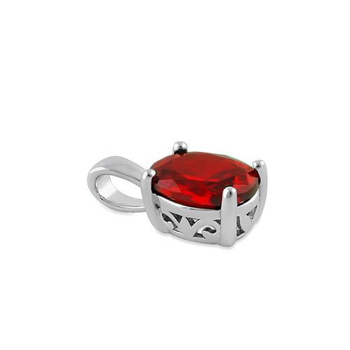 Sterling Silver Oval Red Orange CZ Filigree Pendant