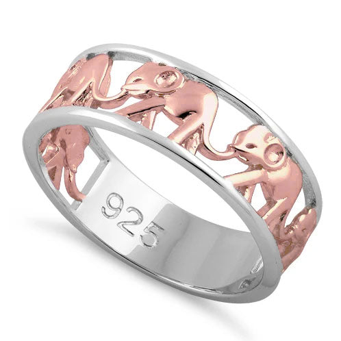 Sterling Silver Two Tone Rose Gold Plated Multiple Elephants Ring