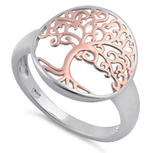 Sterling Silver Two Tone Rose Gold Plated Tree of Life Ring