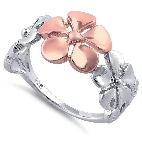 Sterling Silver Two Tone Rose Gold Plated Triple Plumeria Ring