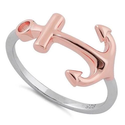 Sterling Silver Two Tone Rose Gold Plated Anchor Ring