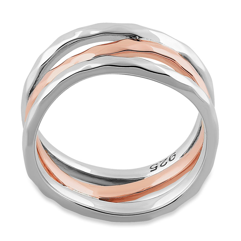 Sterling Silver Two Tone Rose Gold Plated 3 Wavy Hammered Ring