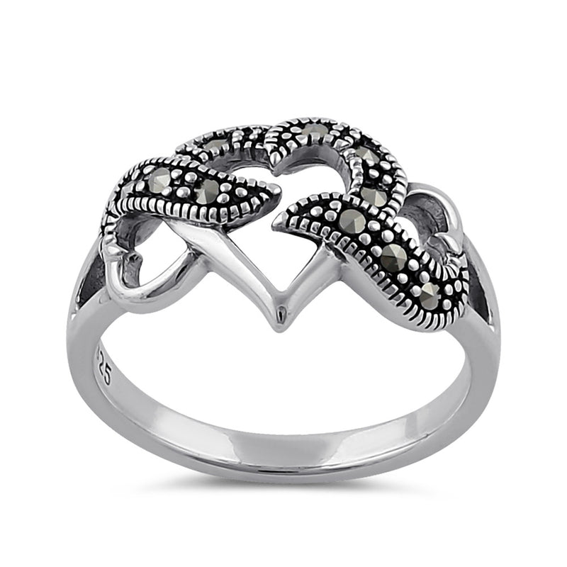 Sterling Silver Triple Heart Marcasite Ring