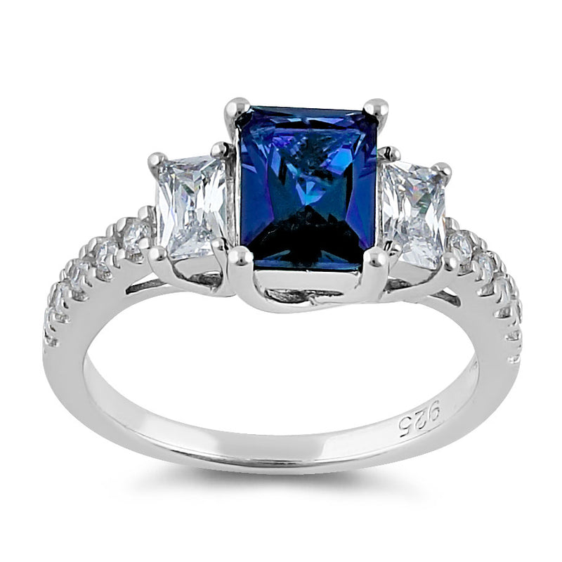 Sterling Silver Rectangular Blue Sapphire CZ Ring