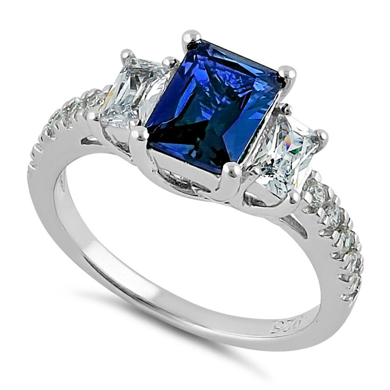 Sterling Silver Rectangular Blue Sapphire CZ Ring