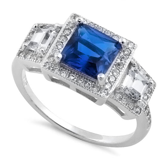 Sterling Silver Blue Sapphire CZ Square Halo Ring