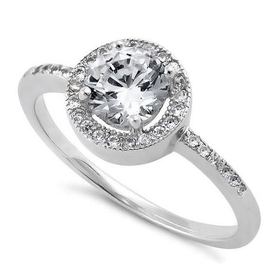 Sterling Silver Clear Round CZ Halo Engagement Ring