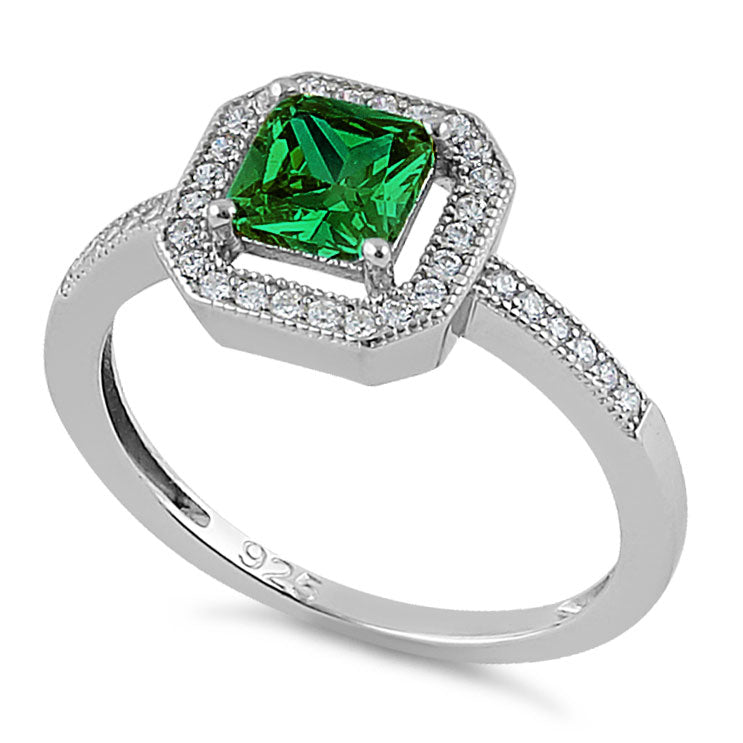Sterling Silver Emerald CZ Cushion Halo Ring