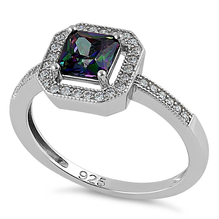 Sterling Silver Rainbow Topaz CZ Cushion Halo Ring