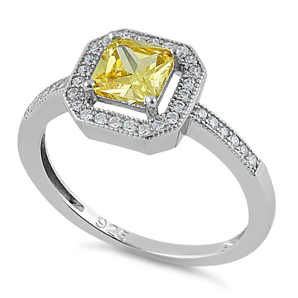 Sterling Silver Yellow CZ Cushion Halo Ring