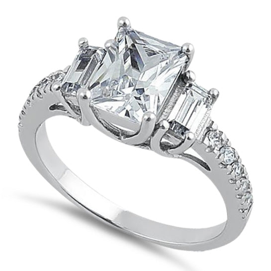 Sterling Silver 3 Clear CZ Stones Engagement Ring