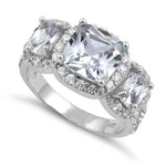 Sterling Silver 3 Stone Halo Engagement CZ Ring