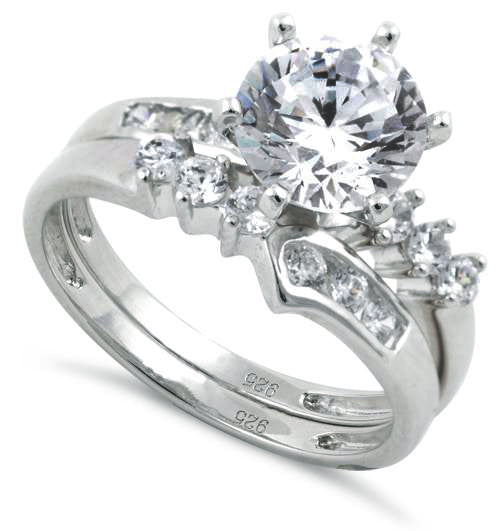 Sterling Silver Round Cut Engagement Set CZ Ring