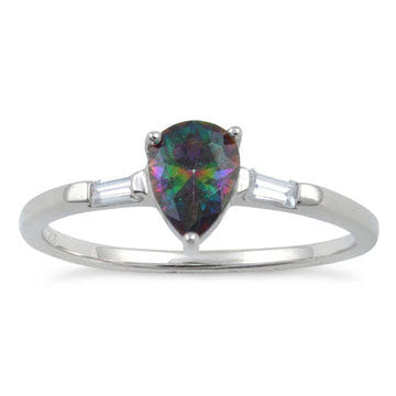 Sterling Silver Rainbow Topaz Pear Cut CZ Ring