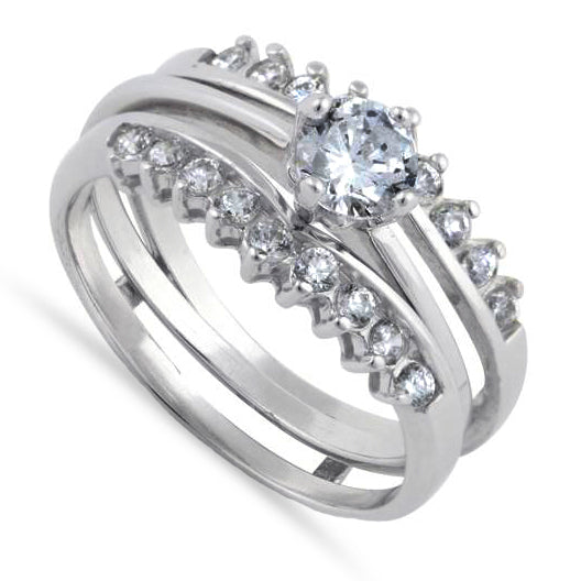 Sterling Silver Clear Round Cut Engagement CZ Set Ring