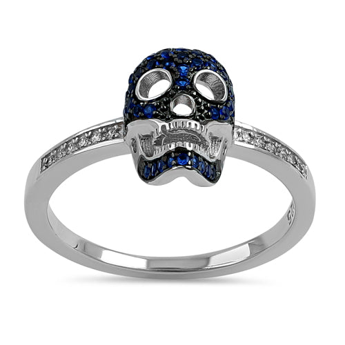 Sterling Silver Black Rhodium Two Tone Blue Spinel CZ Skull Ring