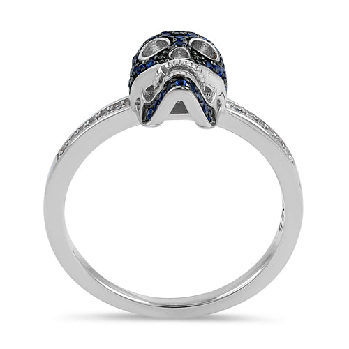 Sterling Silver Black Rhodium Two Tone Blue Spinel CZ Skull Ring