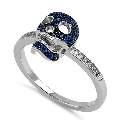 Sterling Silver Black Rhodium Two Tone Blue Spinel CZ Skull Ring