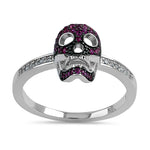 Sterling Silver Black Rhodium Two Tone Ruby CZ Skull Ring