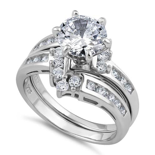 Sterling Silver Clear Round Cut Engagement Set CZ Ring